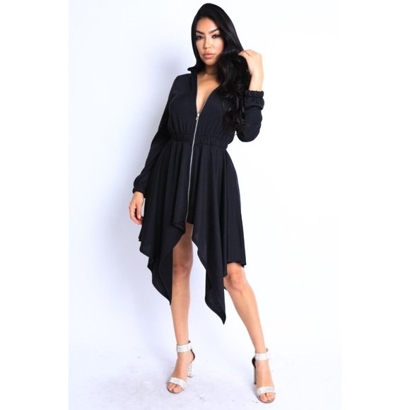 Women's Long Sleeves Hooded Drape Dress Full Zipper Dress Jacket Dress - Picture 2 of 11